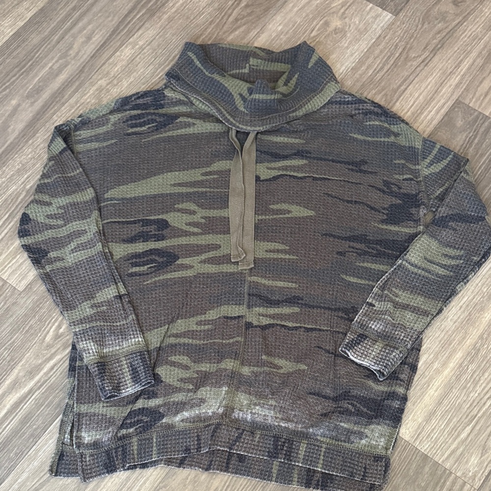 Boutique Women's Distressed Green Camouflage Turtleneck Sweater